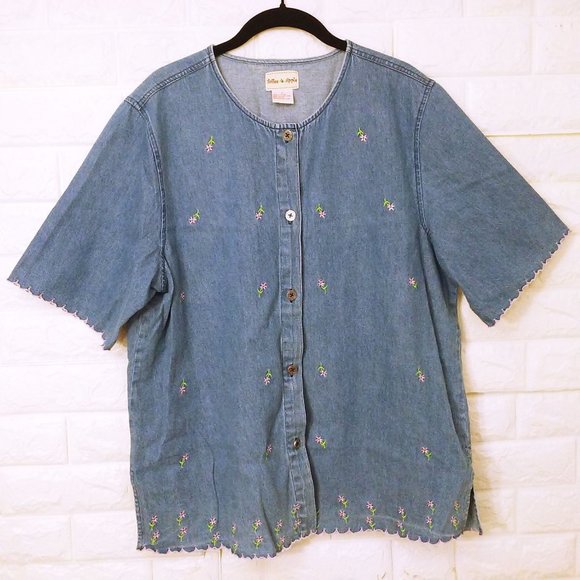 Vintage 80s Toffee Apple Denim Shirt -L Embroidered Daisies Button-Up Vents SS - Picture 1 of 10